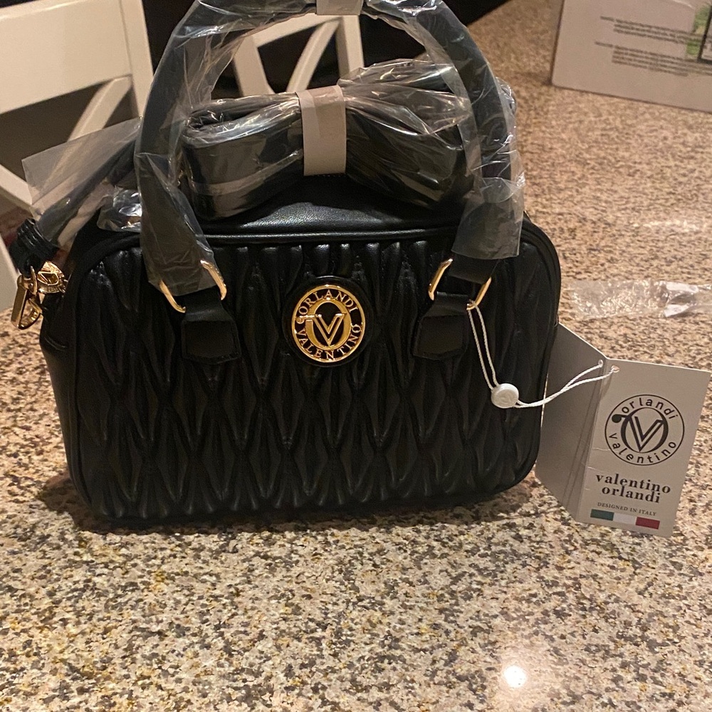 Valentino Orlandi Black Textured Satchel with Gold Details